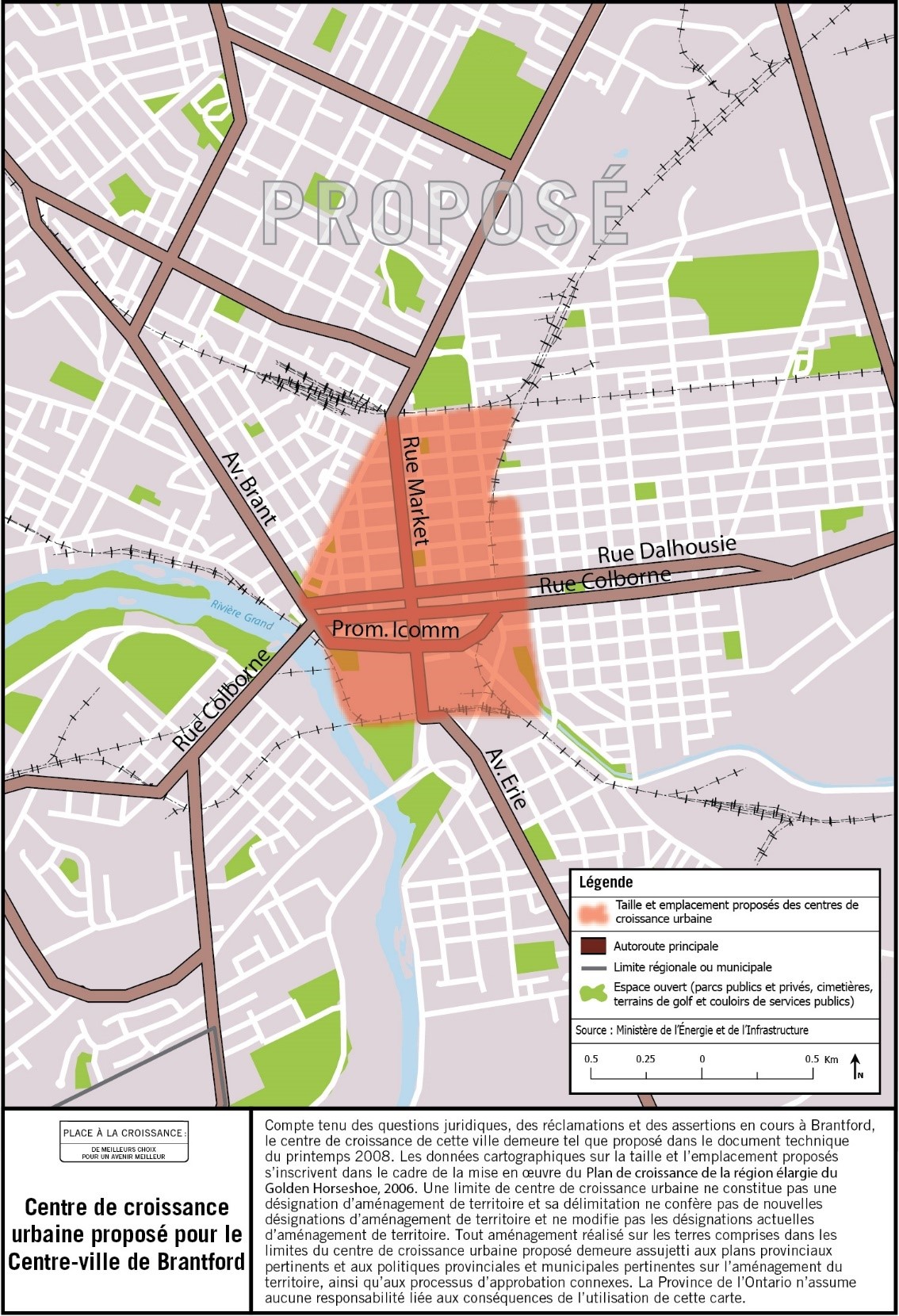 Carte de la taille et de l’emplacement approximatifs du centre de croissance urbaine proposé du centre-ville de Brantford à proximité des rues Market et Dalhousie.