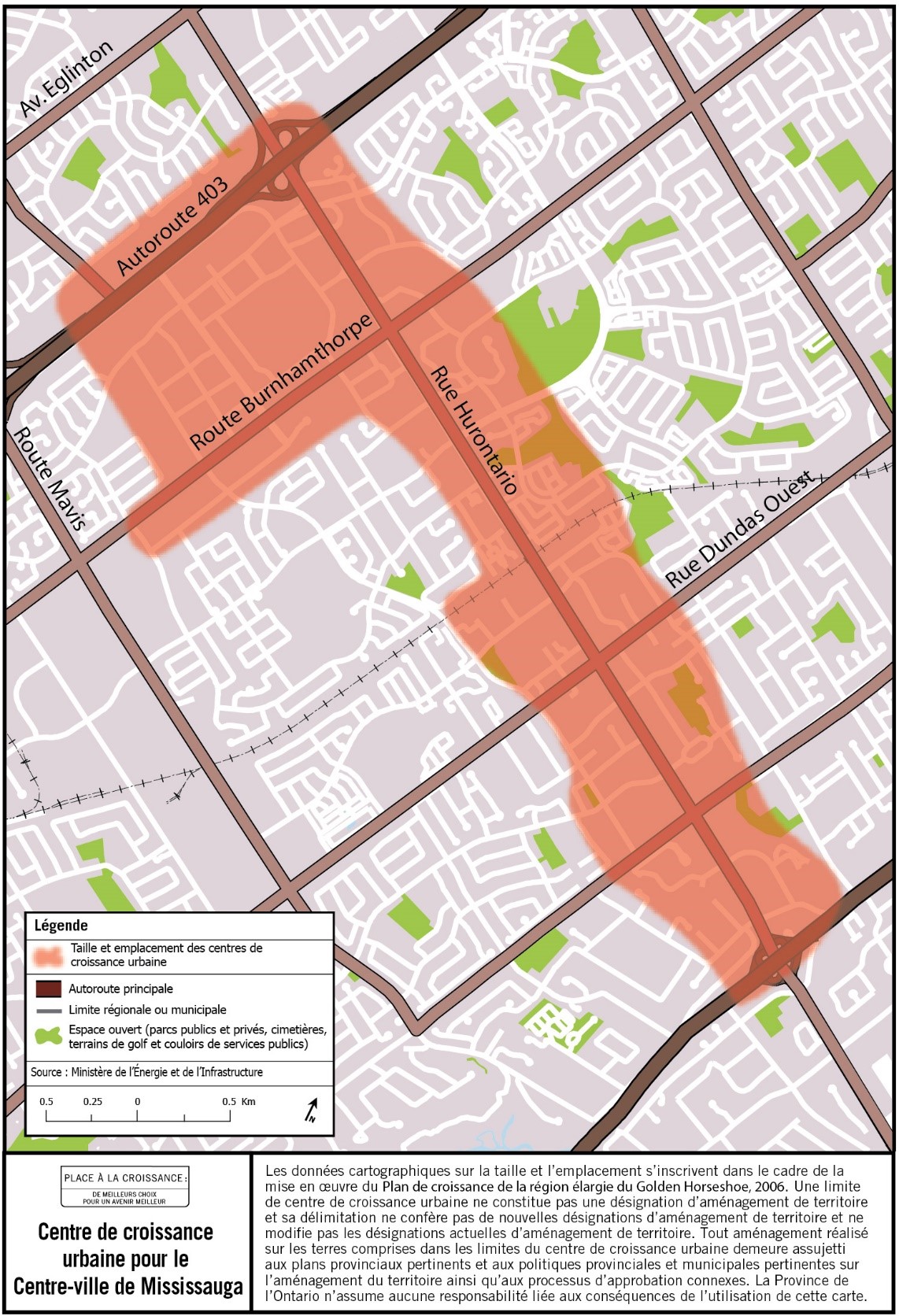 Description de l’image : Carte de la taille et de l’emplacement approximatifs du centre de croissance urbaine du centre-ville de Mississauga situé à proximité du chemin Burnhamthorpe et de la rue Hurontario.