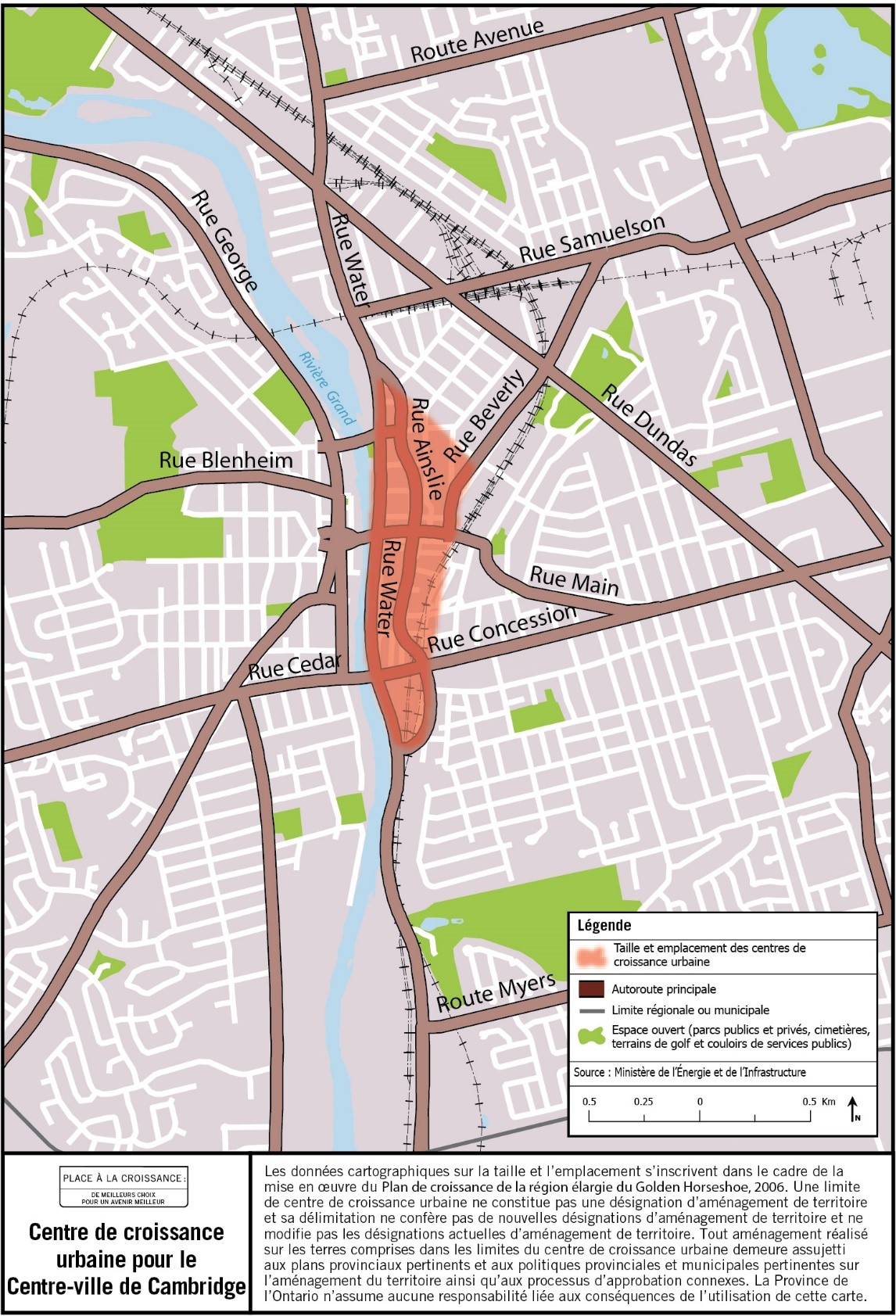 Description de l’image : Carte de la taille et de l’emplacement approximatifs du centre de croissance urbaine du centre-ville de Cambridge à proximité des rues Water et Concession.