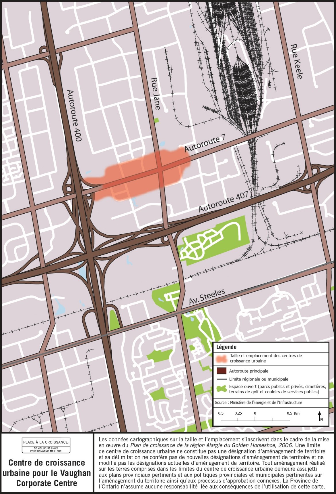 Carte de la taille et de l’emplacement approximatifs du centre de croissance urbaine de Vaughan Corporate Center situé à proximité de la rue Jane et de la route 7.