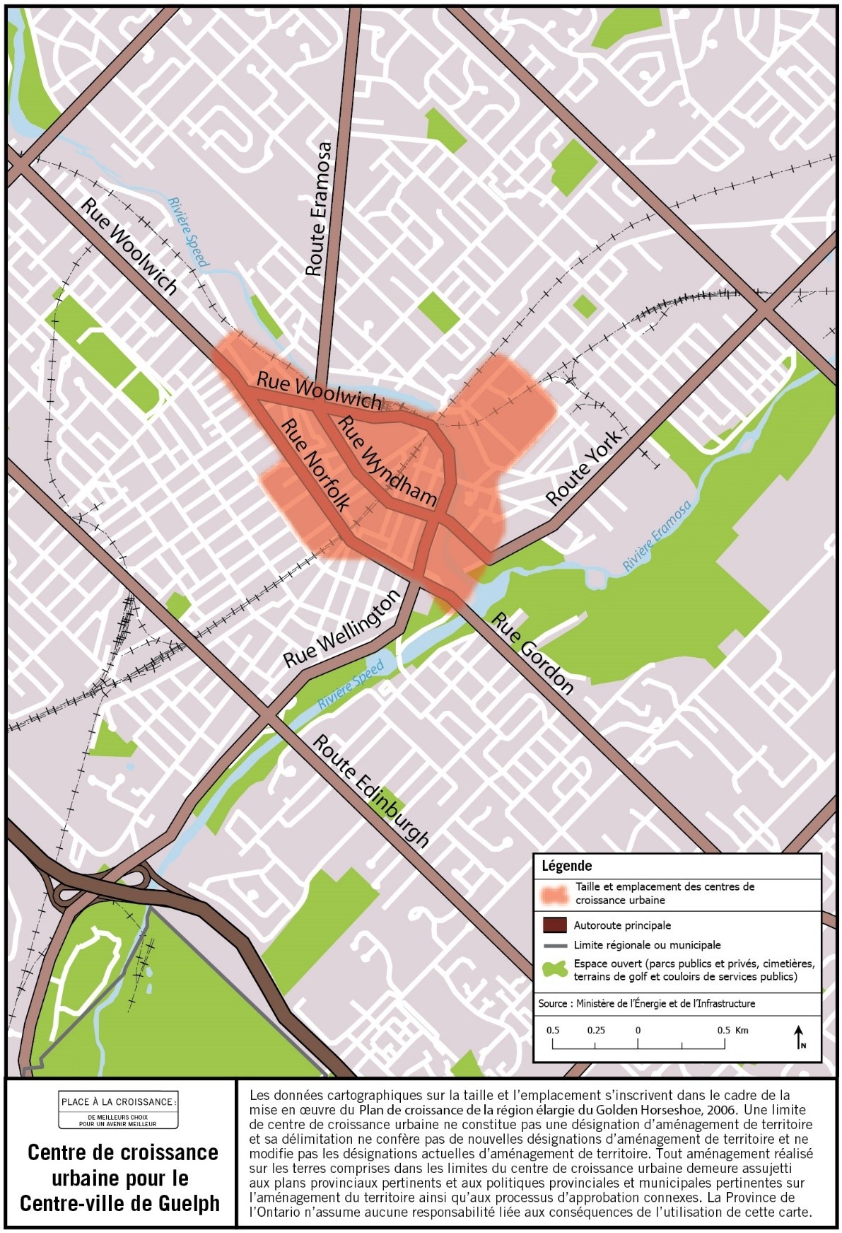 Description de l’image : Carte de la taille et de l’emplacement approximatifs du centre de croissance urbaine du centre-ville de Guelph, à proximité des rues Wyndham et Woolwich.
