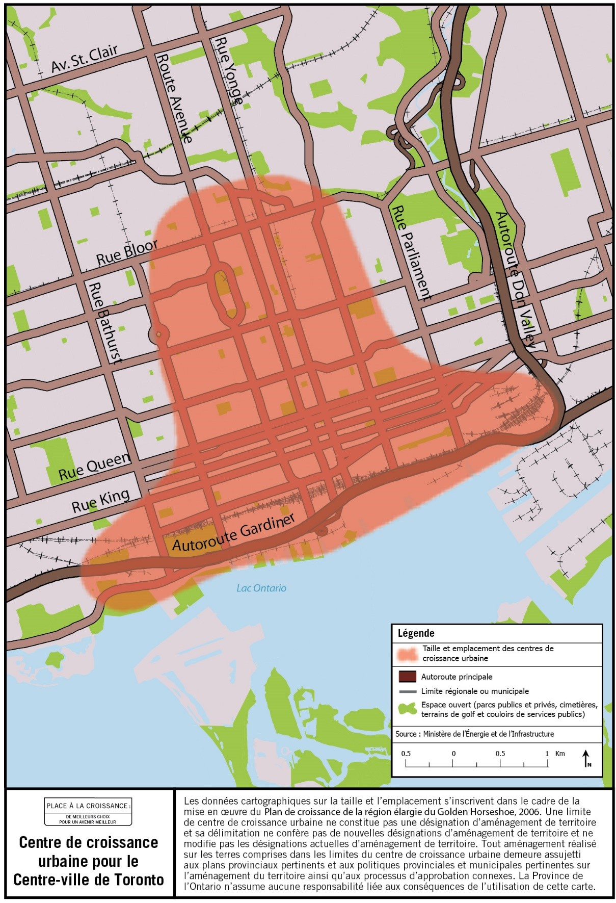 Carte de la taille et de l’emplacement approximatifs du Toronto : Centre de croissance urbaine du centre-ville situé à proximité des rues Yonge et Queen.