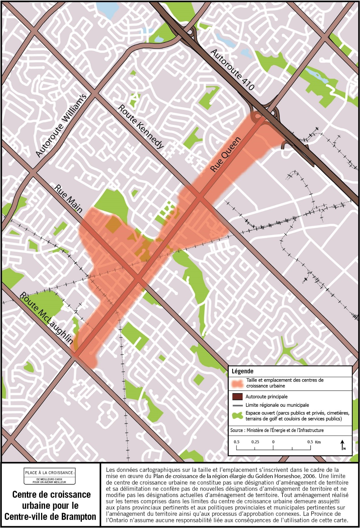 Carte de la taille et de l’emplacement approximatifs du centre de croissance urbaine du centre-ville de Brampton à proximité des rues Queen et Main.