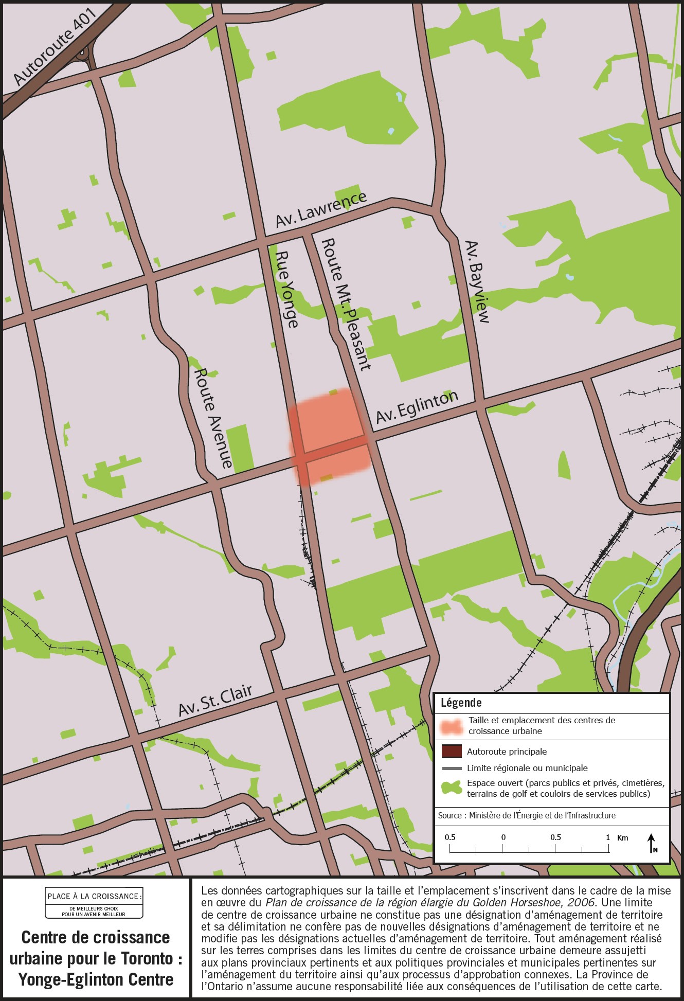 Carte de la taille et de l’emplacement approximatifs du Toronto: Centre de croissance urbaine du centre-ville de Yonge-Eglinton situé à proximité de la rue Yonge et de l’avenue Eglinton.