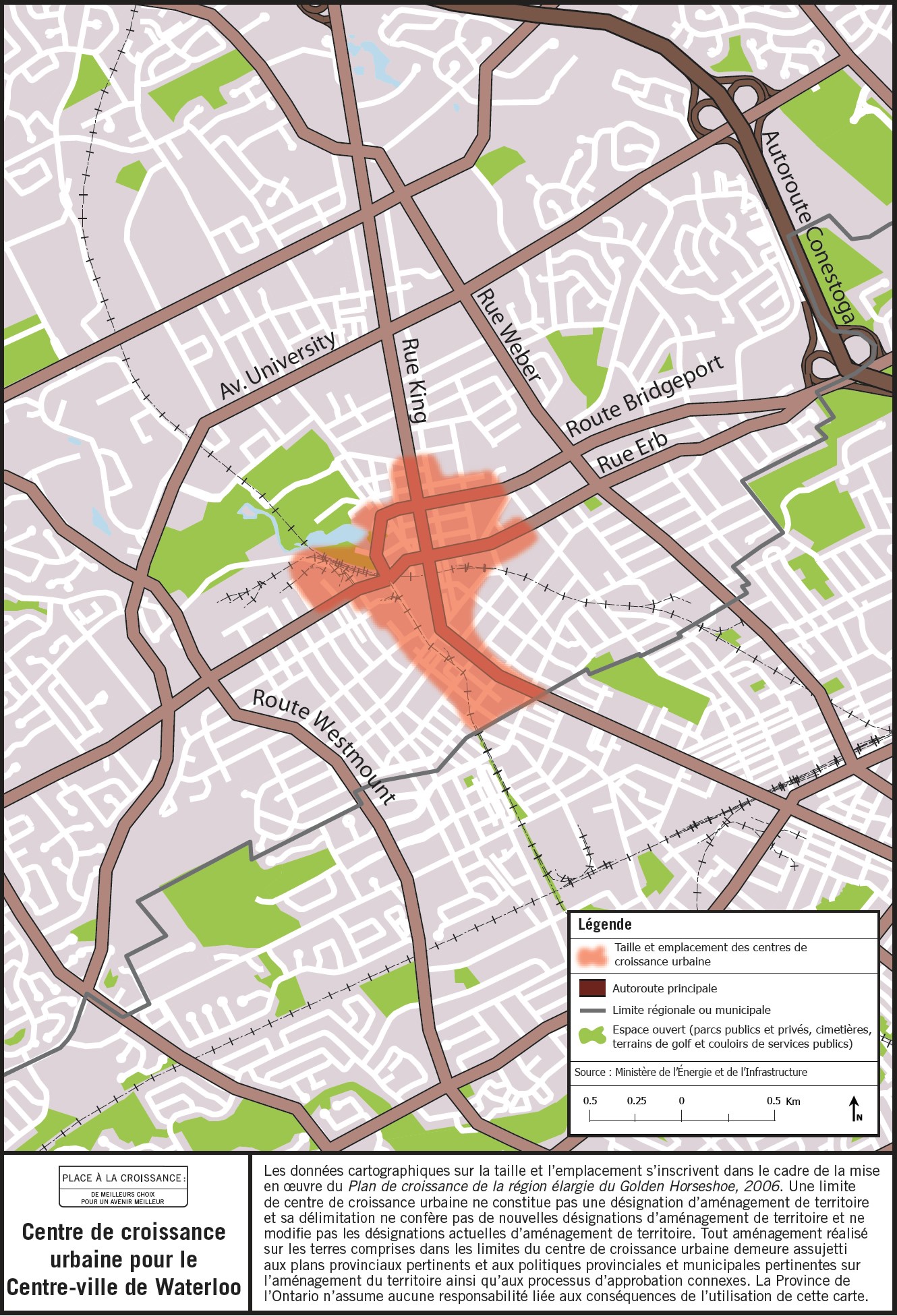 Carte de la taille et de l’emplacement approximatifs du centre de croissance urbaine des quartiers résidentiels de Waterloo à proximité des rues King et Erb.