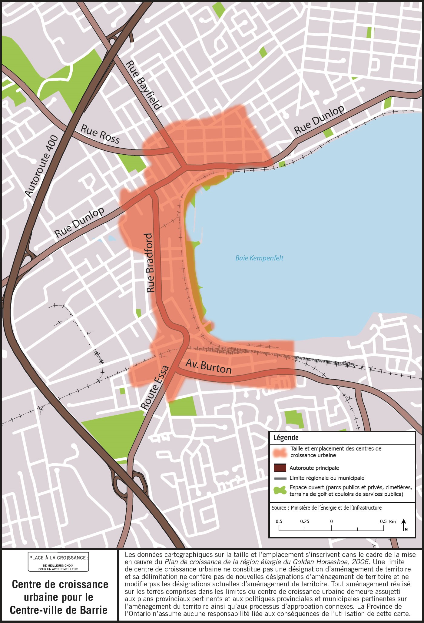 Carte de la taille et de l’emplacement approximatifs du centre de croissance urbaine du centre-ville de Barrie, à proximité de la rue Bradford et de l’avenue Burton.