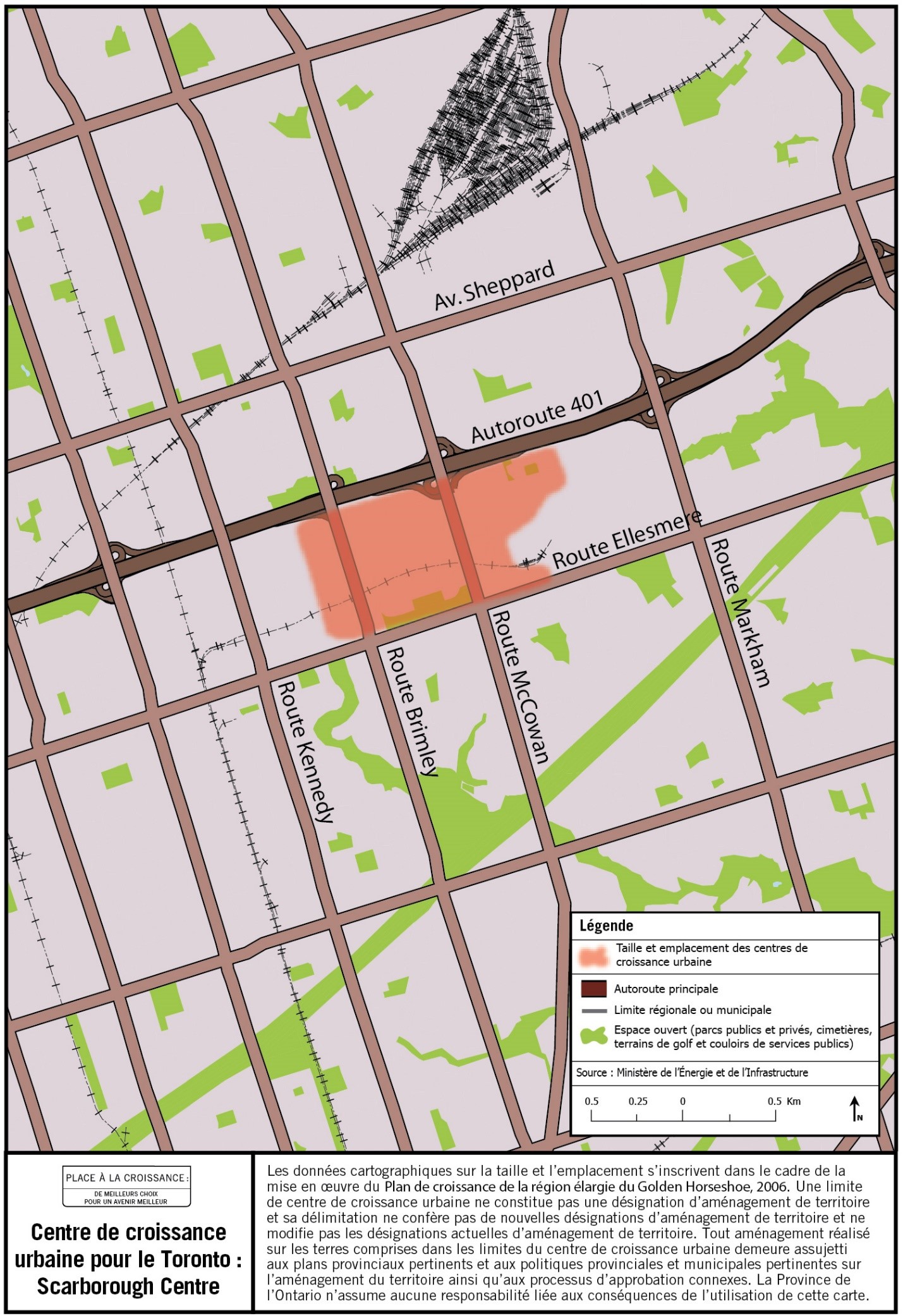 Carte de la taille et de l’emplacement approximatifs du Toronto: Centre de croissance urbaine du centre-ville de Scarborough à proximité des chemins McCowan et Ellesmere.