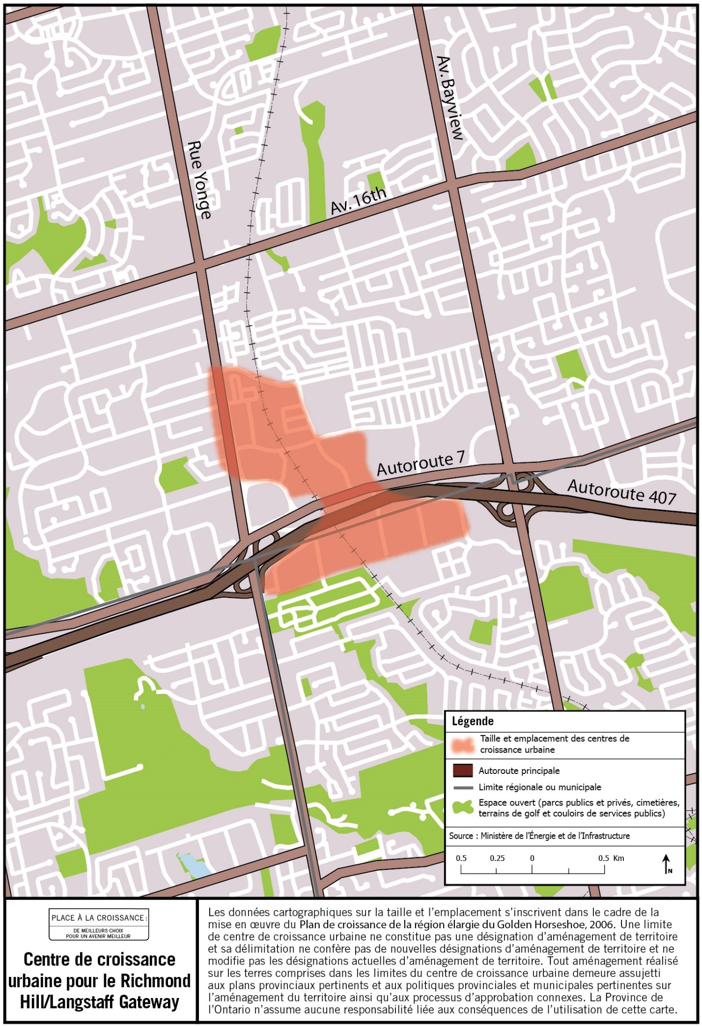 Carte de la taille et de l’emplacement approximatifs du centre de croissance urbaine de Richmond Hill/Langstaff Gateway à proximité de la route 7 entre la rue Yonge et l’avenue Bayview.