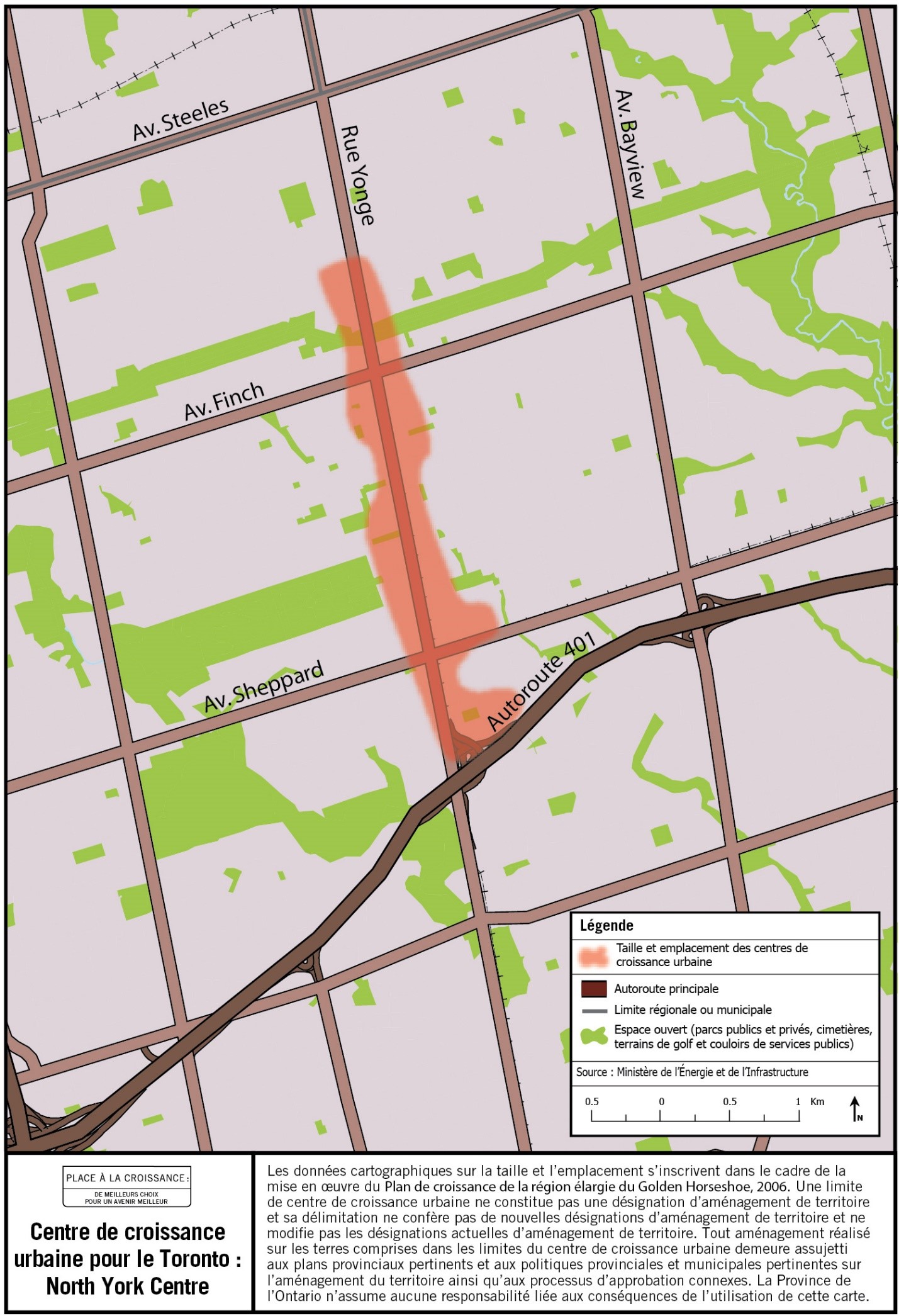 Carte de la taille et de l’emplacement approximatifs du Toronto: Centre de croissance urbaine du centre-ville de North York situé à proximité de l’avenue Sheppard et de la rue Yonge.