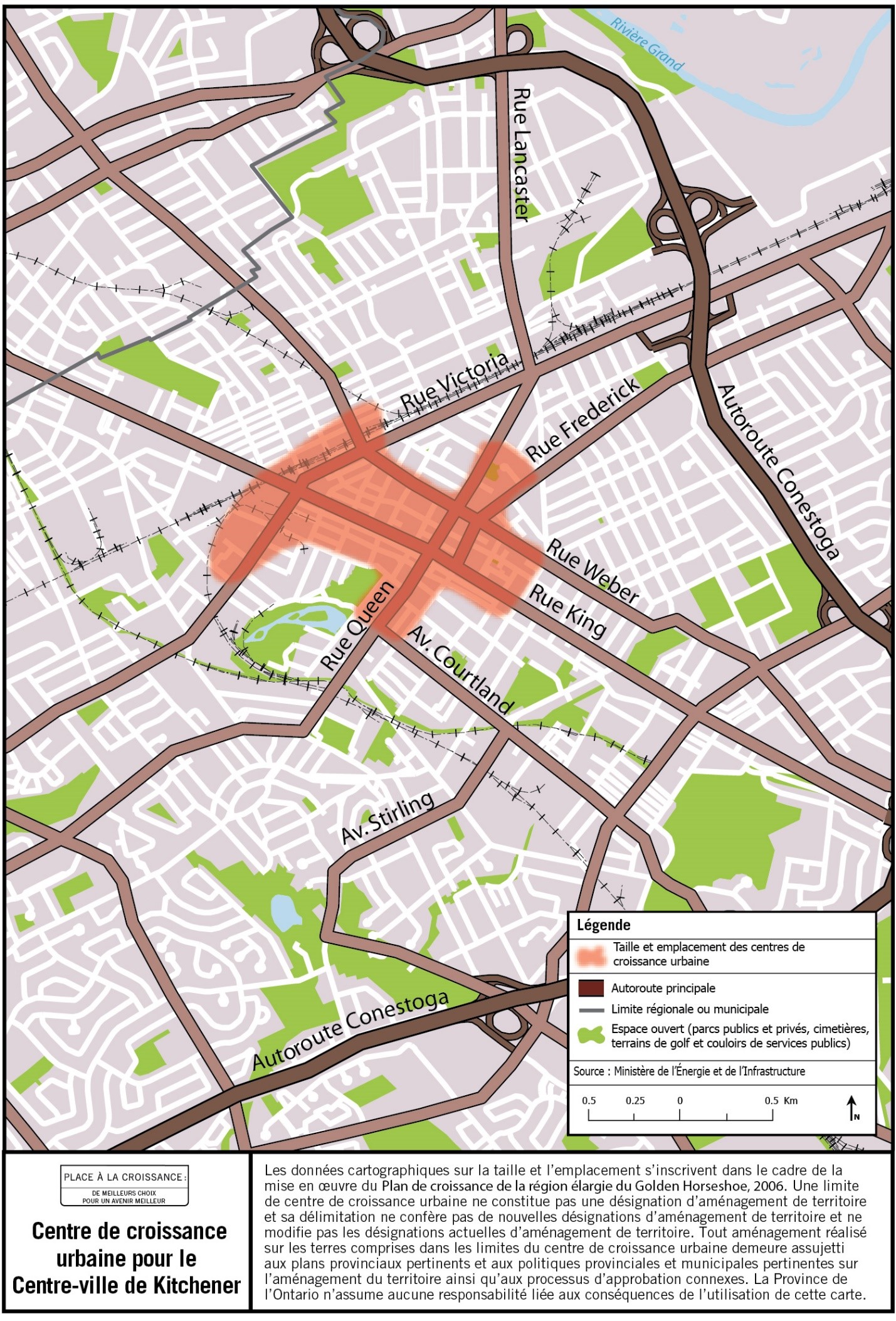 Carte de la taille et de l’emplacement approximatifs du centre de croissance urbaine du centre-ville de Kitchener, à proximité des rues King et Queen.