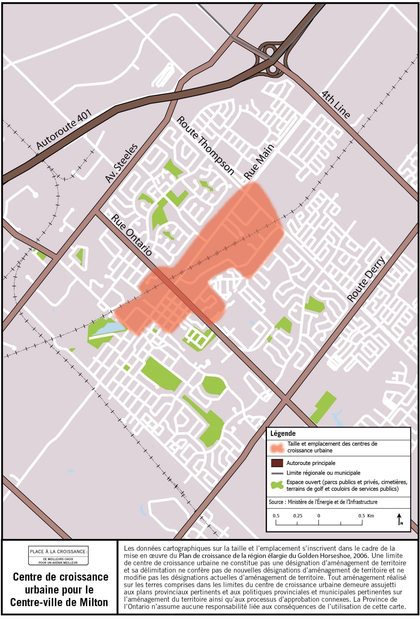 Description de l’image : Carte de la taille et de l’emplacement approximatifs du centre de croissance urbaine du centre-ville de Milton, à proximité des rues Ontario et Main.