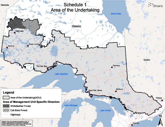 Map of northern Ontario showing the area of the undertaking, the area of management unit specific direction Whitefeather Forest (Conditions 19-23), and highways.