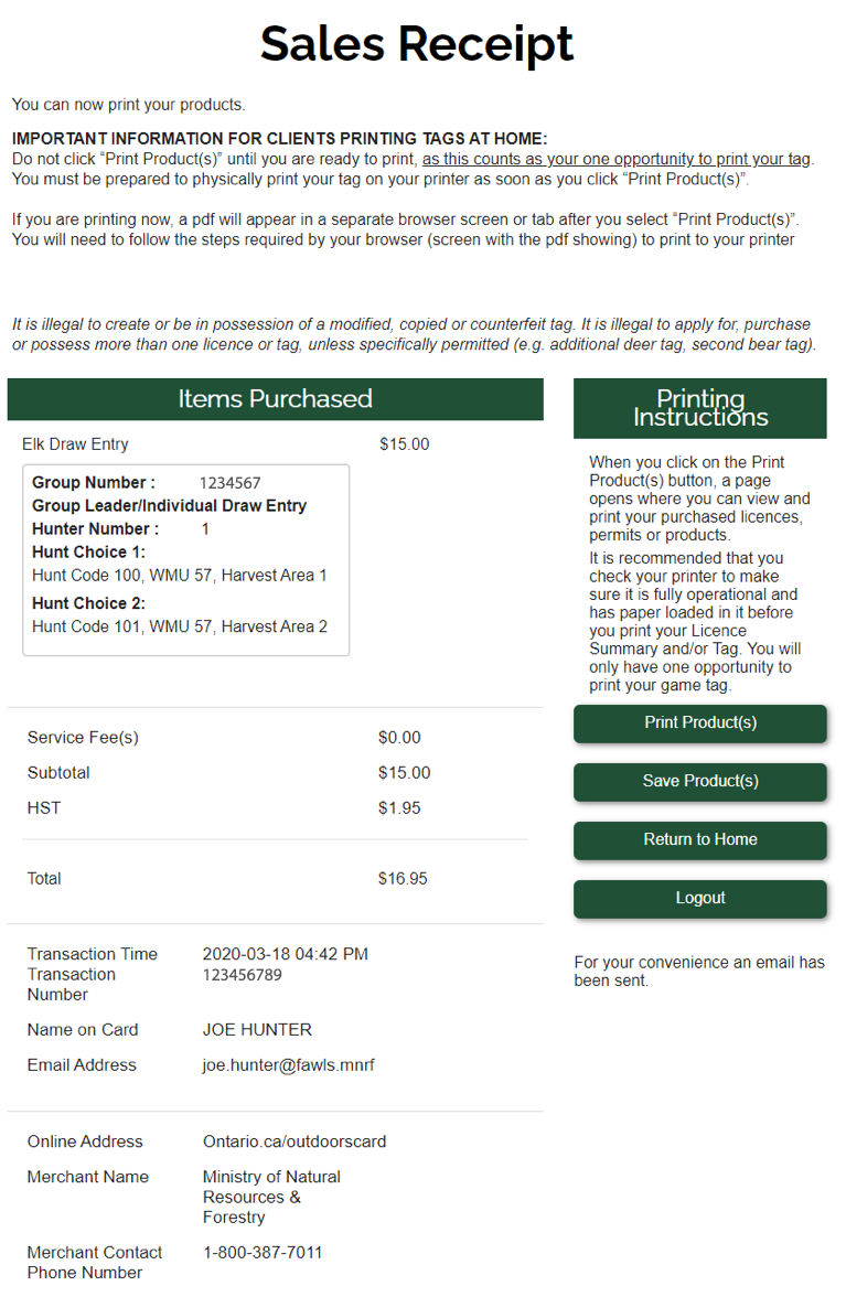 screenshot of the sales receipt, featuring printing instructions, items purchased, and email instructions.