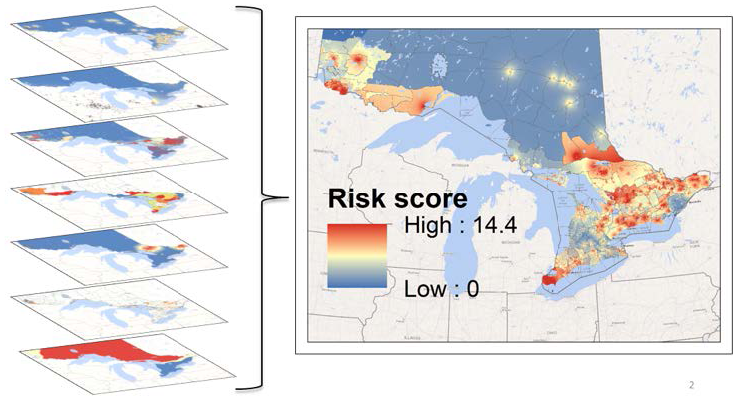 Figure 1: Example of risk layers compiled to produce a spatially quantified risk assessment for Chronic Wasting Disease in cervids to help inform choice of surveillance areas in Ontario