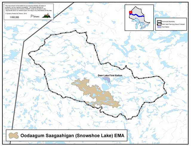 Map showing Deer Lake First Nation and Oodaagum Saagaahigan (Snowshoe Lake) EMA in brown.