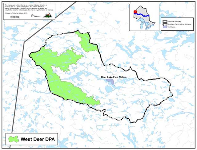 Map showing Deer Lake First Nation and West Deer DPA in green.