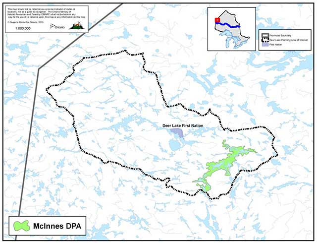 Map showing Deer Lake First Nation and McInnes Waterway DPA in green.