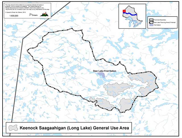 Map showing Deer Lake First Nation and Keenock Saagaahigan (Long Lake) General Use Area in grey