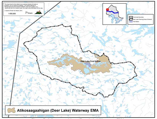 Map showing Deer Lake First Nation and Atikosaagaahigan (Deer Lake) Waterway EMA in brown.