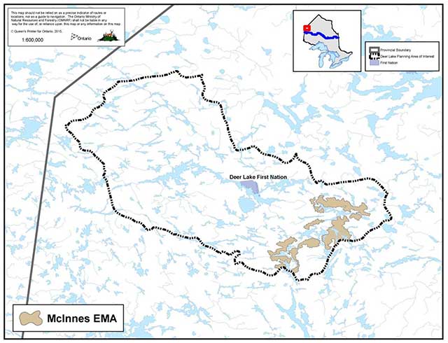 Map showing Deer Lake First Nation and McInnes Waterway EMA in brown.