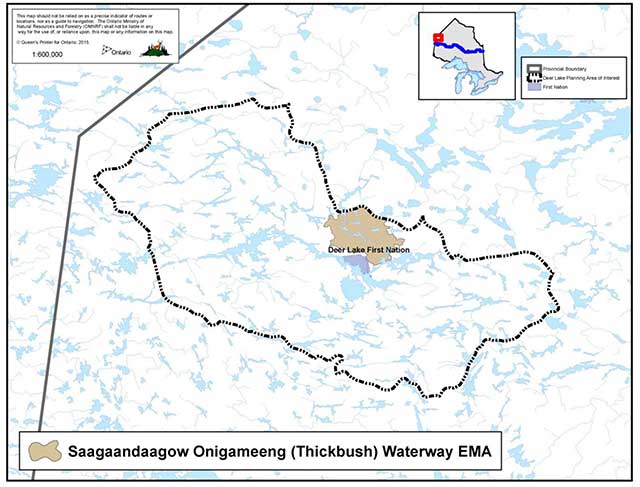 Map showing Deer Lake First Nation and Saagaandaagow Onigameeng (Thickbush) Waterway EMA in brown.