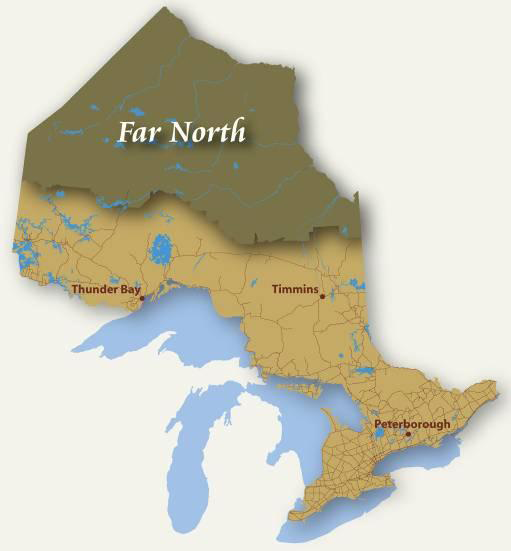 Map of Ontario highlighting the area of the far north.