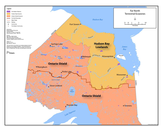 A map of the north of Ontario highlighting the Ontario Shield and Hudson Bay Lowlands areas.