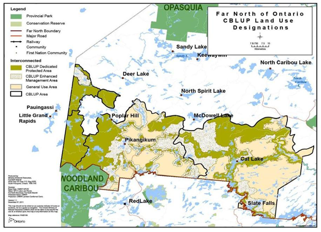 Map of land use designations in community based land use plans in Ontario’s Far North.