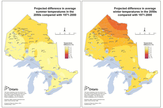 Maps showing projected difference in average summer and winter temperatures in Ontario.