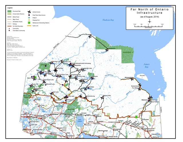 A map showing infrastructure in the far north of Ontario