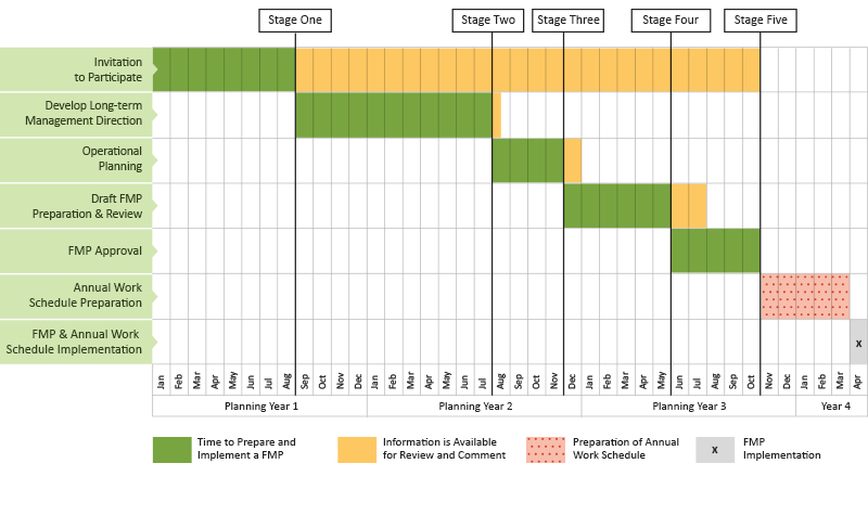 The image visually depicts the stages and timelines associated with the preparation of a forest management plan. These stages and timelines are further discussed in the coming sections.