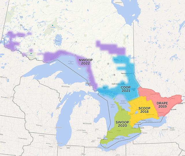 An illustrative map of Ontario from Lake Nipigon south to the Great Lakes. The map shows the potential boundaries of the Imagery Strategy’s acquisitions for south central Ontario in 2018, southeastern Ontario for 2019, southwestern Ontario for 2020, near north central Ontario in 2021, and near north Ontario in 2022.