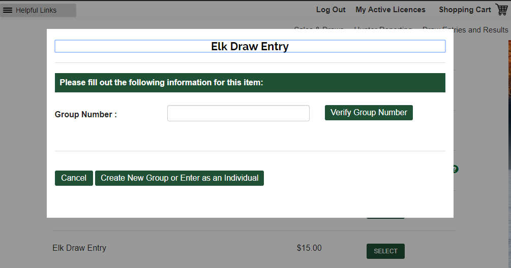 screenshot of a draw entry with a pop-up window asking for your group number.
