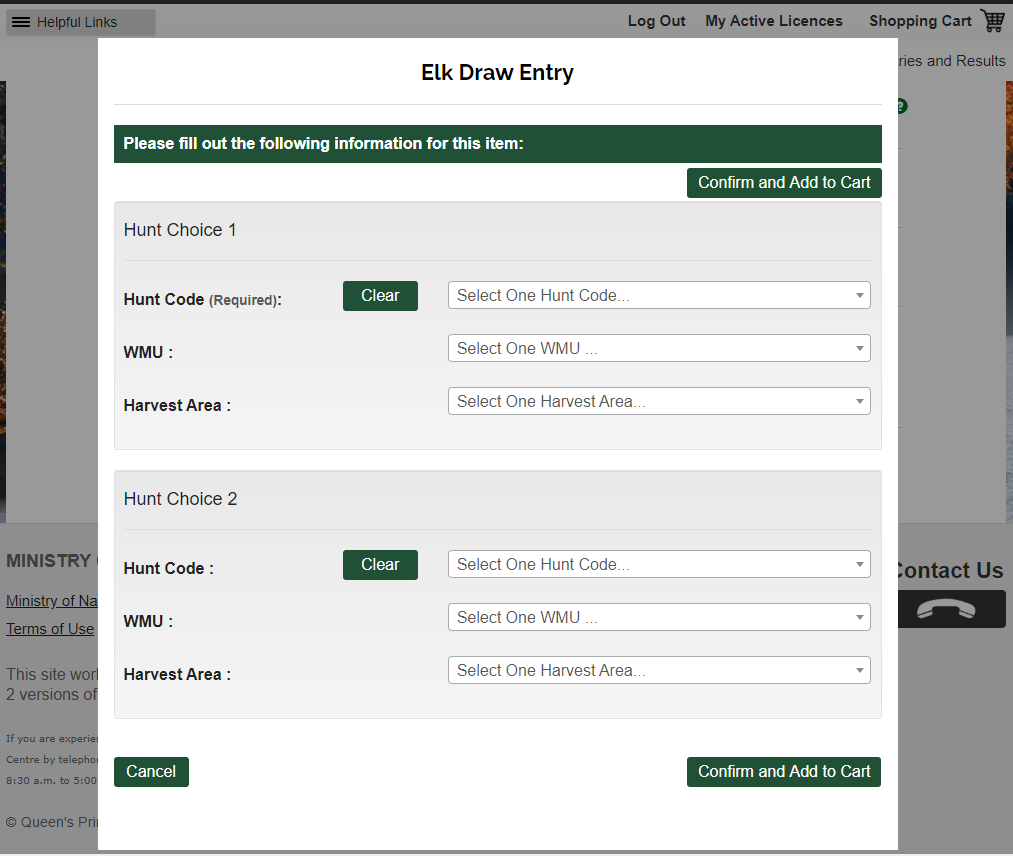 screenshot of draw entry with a pop-up window asking for hunt choice 1 and 2.