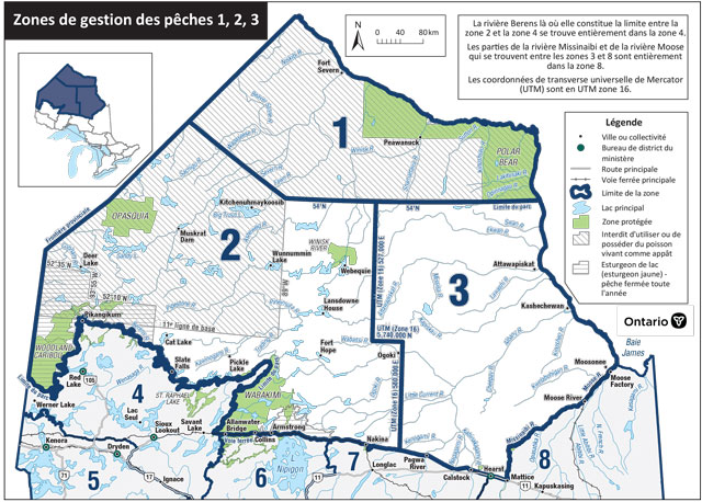 Les zones 1, 2 et 3 comprennent la plus grande partie du Nord de l’Ontario, de la frontière du Manitoba vers l’est jusqu’à la baie James.