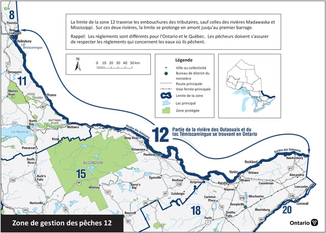 La zone 12 comprend le lac Témiscamingue et la rivière des Outaouais, y compris les rivières Madawaska et Mississippi jusqu’au premier barrage.