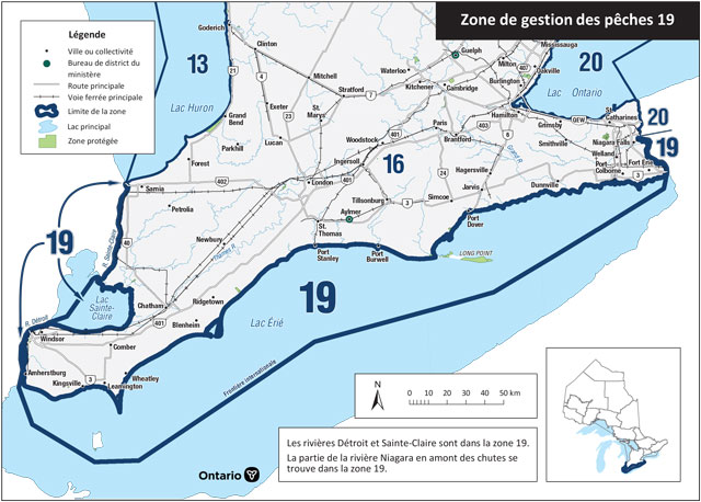 La zone 19 se compose du lac Érié, y compris le lac Sainte- Claire et les rivières Sainte-Claire, Detroit et Niagara (partie supérieure).