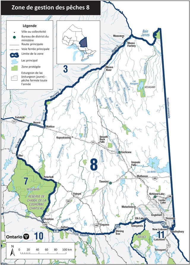 La zone 8 est située dans le Nord-Est de l’Ontario et comprend les villes de Cochrane, Timmins, Kirkland Lake, Kapuskasing et Gogama.