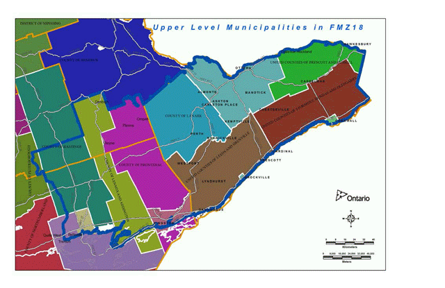 carte multicolore des limites des municipalités dans la ZGP 18
