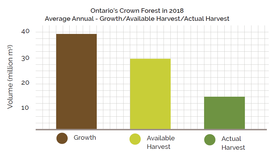 large brown rectangle representing  growth reaches just below 40 million cubic metre line, medium sized light green rectangle representing available harvest reaches just below 30 million cubic metre line, small green rectangle representing actual harvest reaches around the 15 million cubic metre line.