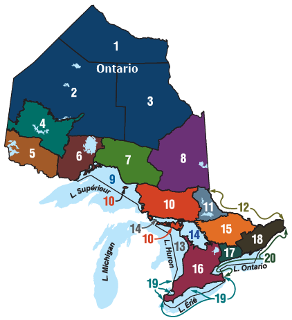 Cette carte identifie les 20 zones de gestion des pêches en Ontario.