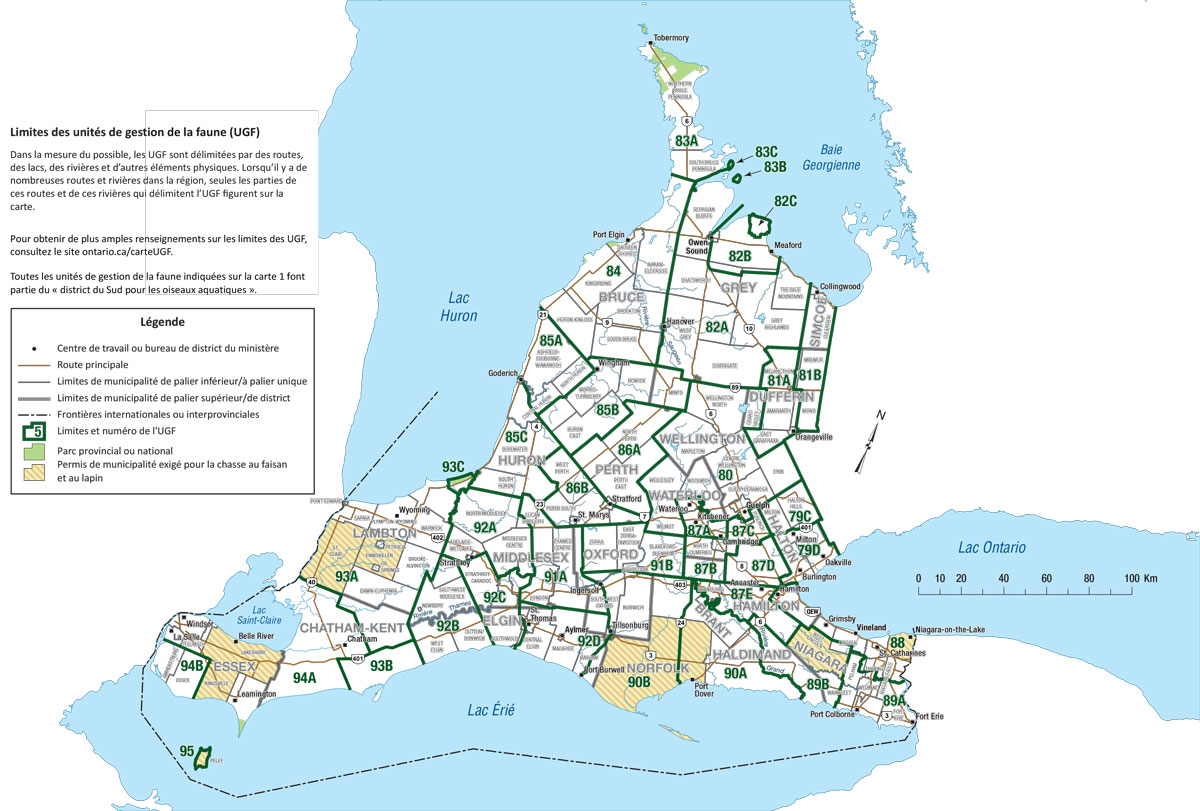 Carte 1 des unités de gestion de la faune – Sud-Ouest de l’Ontario.