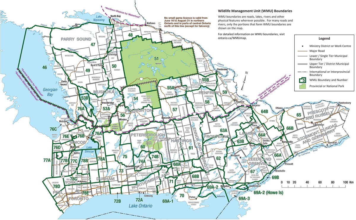 Wildlife Management Unit map of Southeastern Ontario.