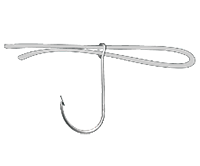 Image d’un fil de pêche passé dans l’œillet d’un crochet.