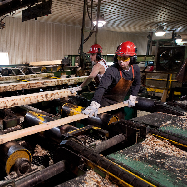 Two people working in a sawmill to put wood through a processing machine.