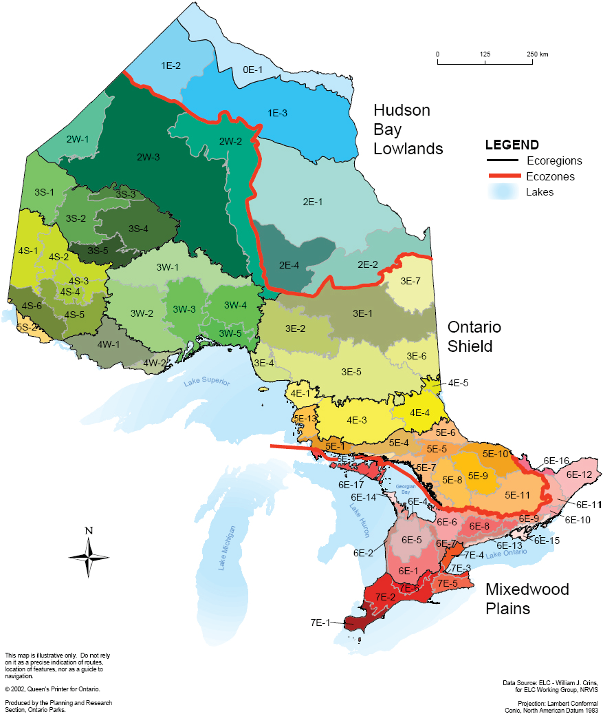 A map outlining Ontario's ecozones, ecoregions, and ecodistricts.