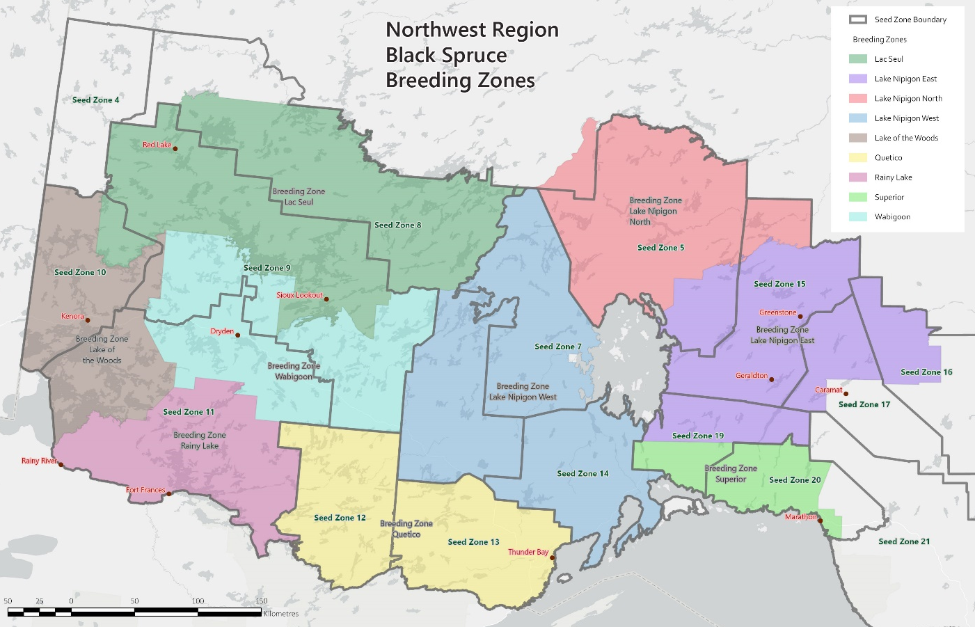 A map of 9 northwestern Ontario region black spruce breeding zones shaded with various colours.