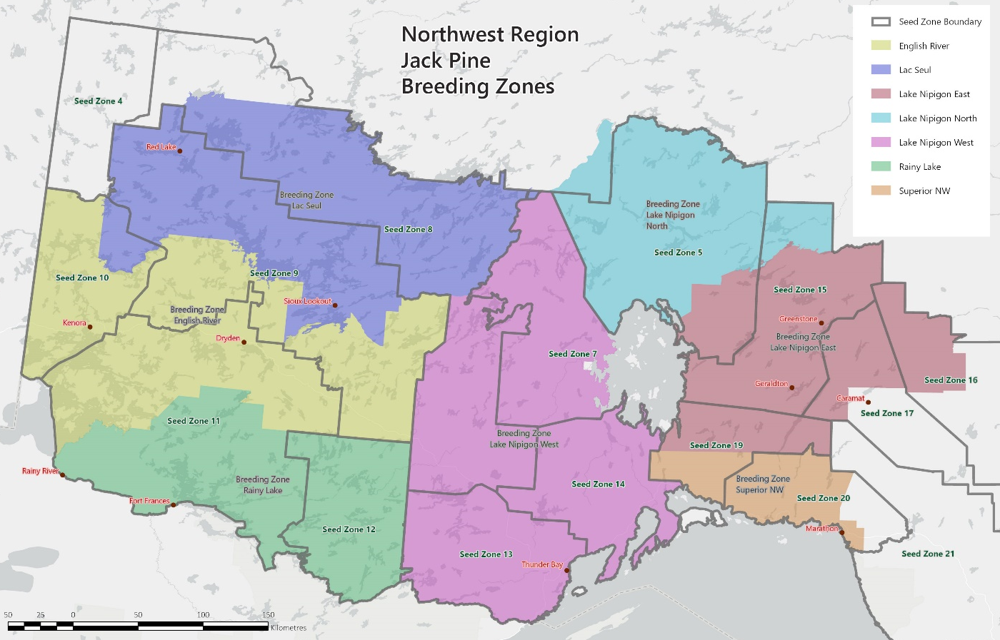 A map of the seven northwestern Ontario region Jack pine breeding zones shaded on the map with various colours.