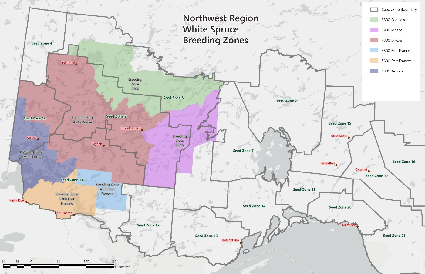 A map of the seven northwestern Ontario region White Spruce breeding zones shaded on the map with various colours.