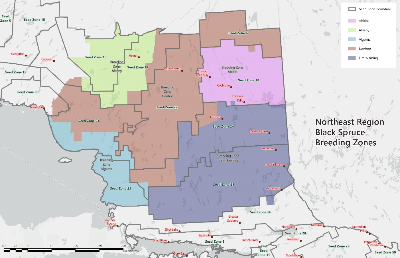  A map of the seven northeastern Ontario region Black Spruce breeding zones shaded on the map with various colours.